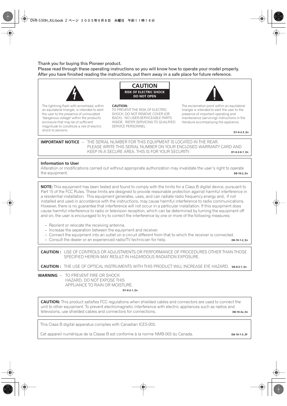 Caution | Pioneer DVR-531H-S User Manual | Page 2 / 116