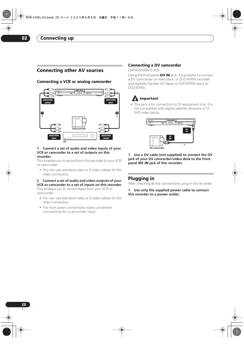 Connecting other av sources, Plugging in, Connecting up 02 | Pioneer DVR-531H-S User Manual | Page 20 / 116