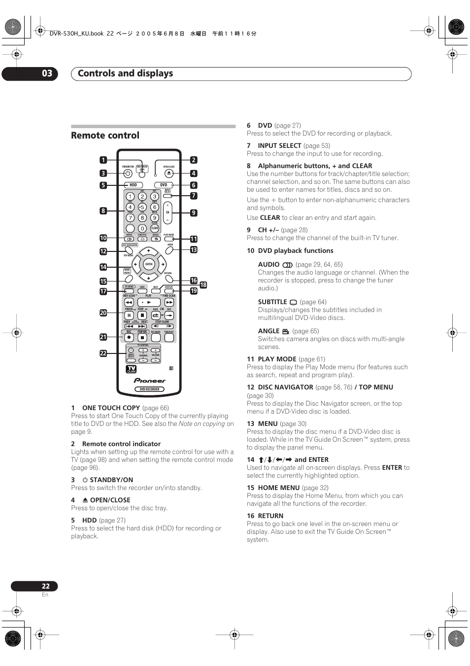 Remote control, Controls and displays 03 | Pioneer DVR-531H-S User Manual | Page 22 / 116