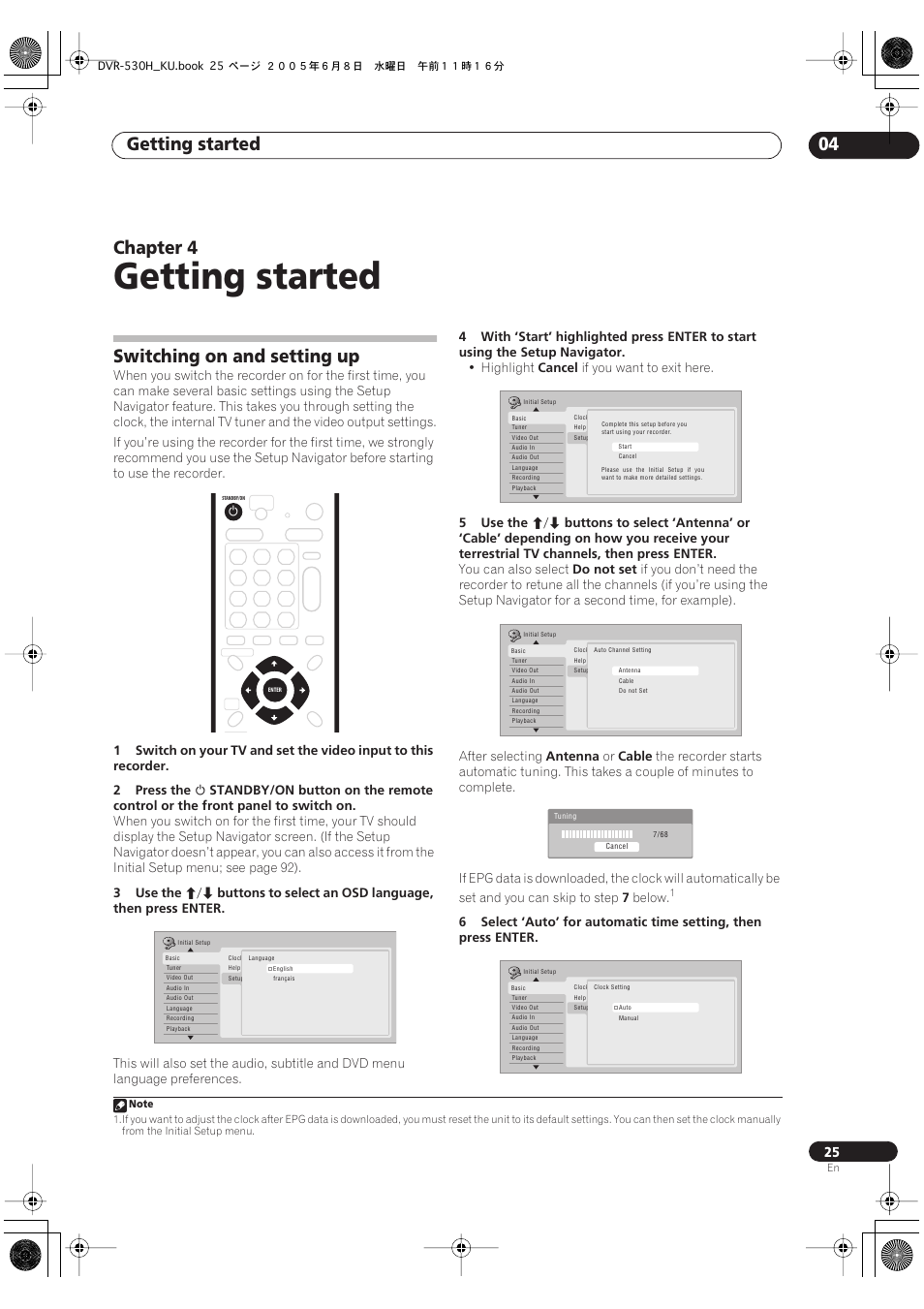 04 getting started, Switching on and setting up, Getting started | Getting started 04, Chapter 4 | Pioneer DVR-531H-S User Manual | Page 25 / 116