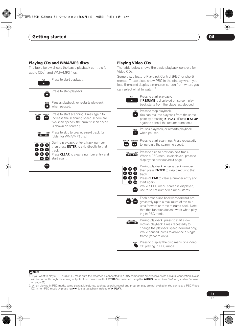 Getting started 04, Playing cds and wma/mp3 discs, Playing video cds | Pioneer DVR-531H-S User Manual | Page 31 / 116