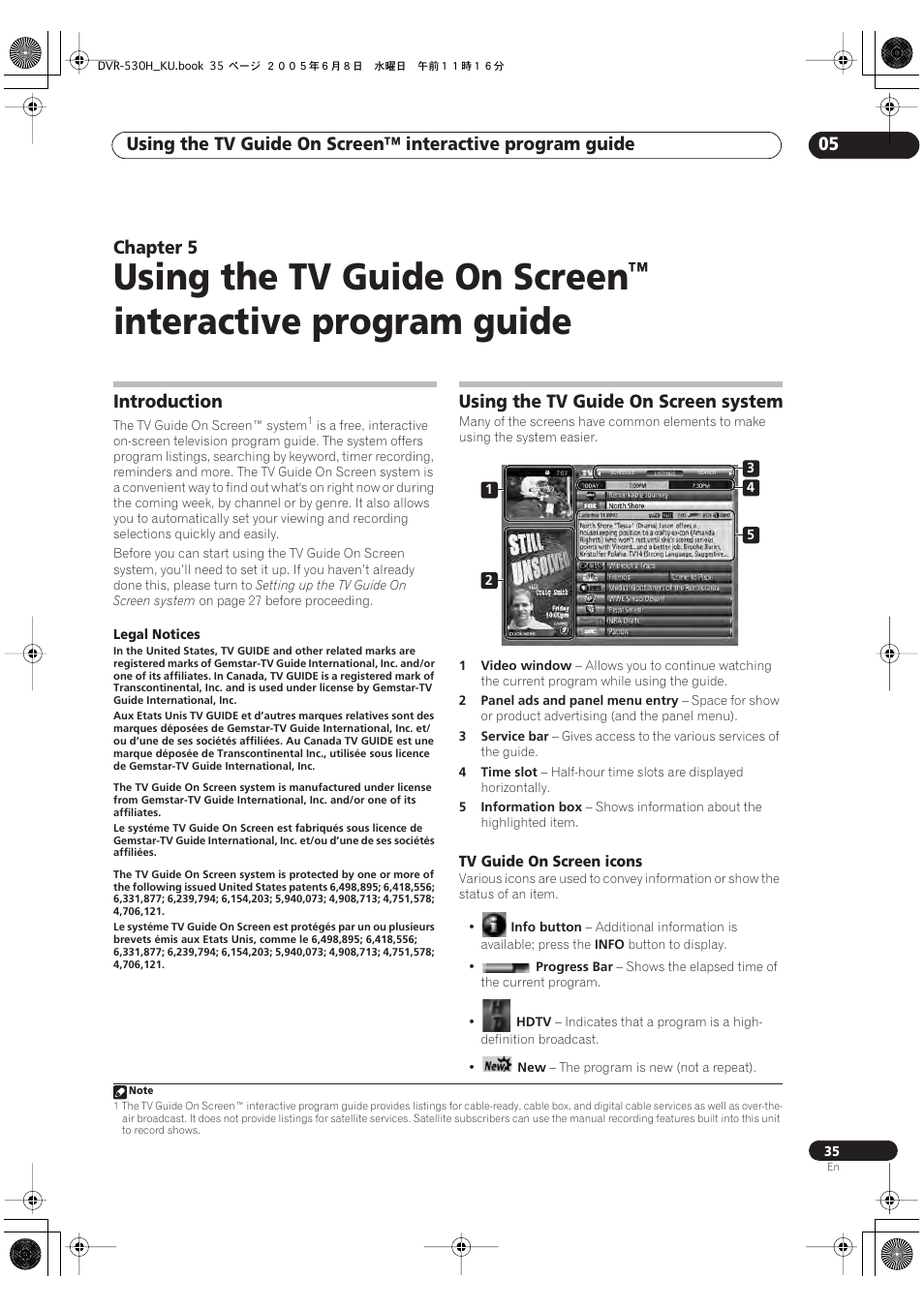 Introduction, Using the tv guide on screen™ system, Using the tv guide on screen | Interactive program guide, Chapter 5, Using the tv guide on screen system | Pioneer DVR-531H-S User Manual | Page 35 / 116