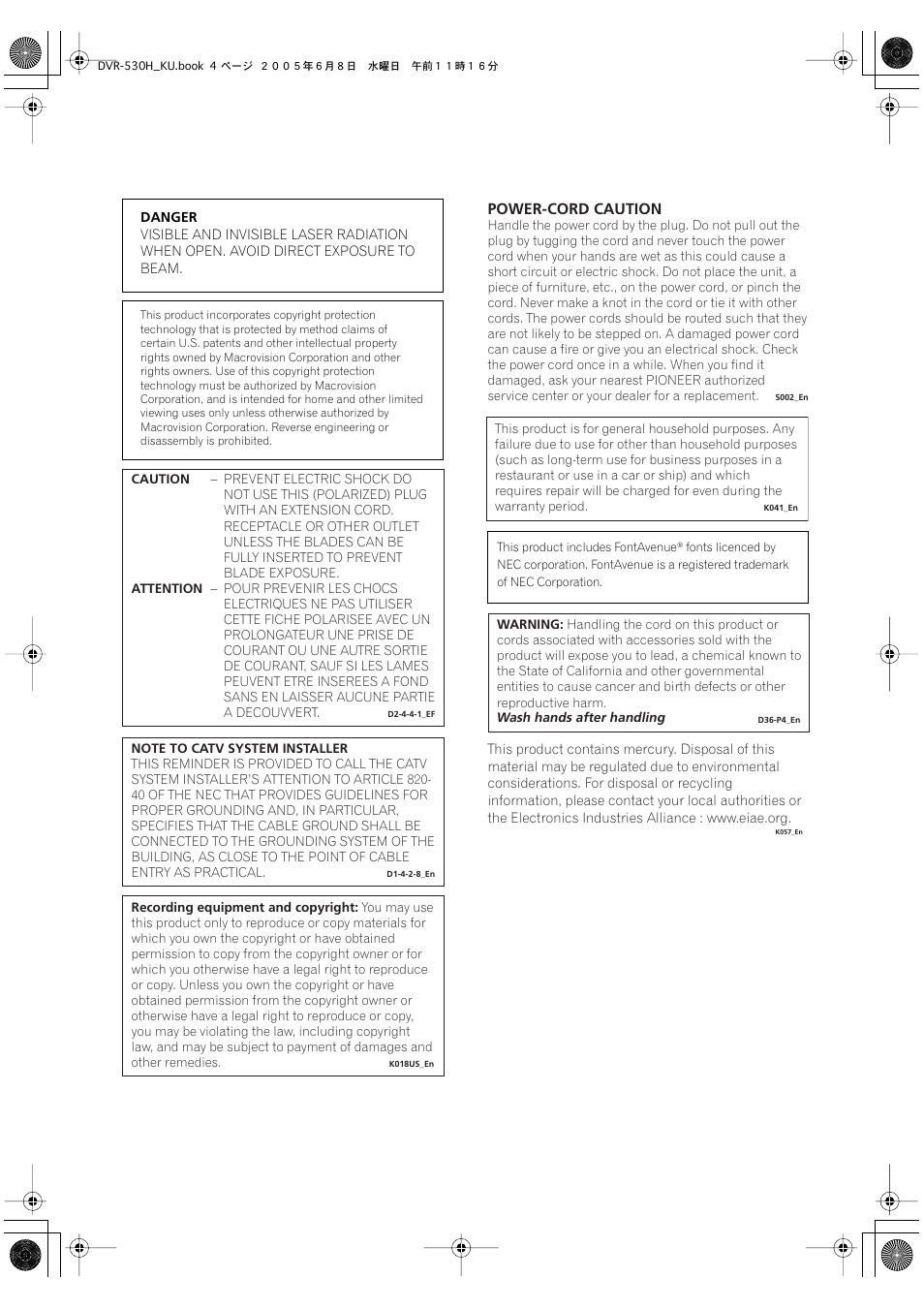Power-cord caution | Pioneer DVR-531H-S User Manual | Page 4 / 116