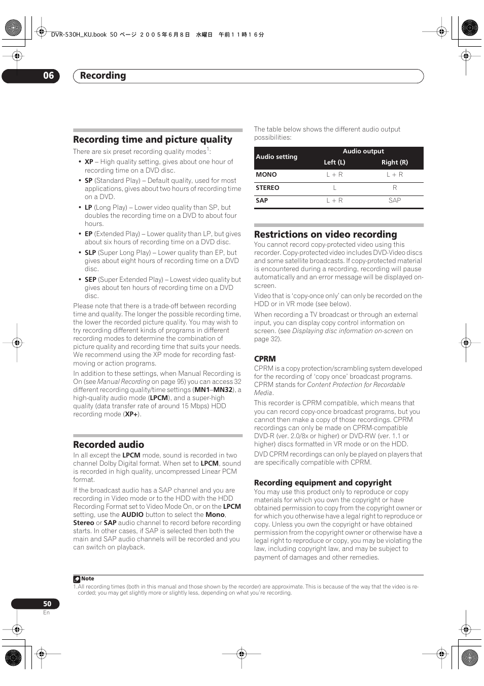 Recording time and picture quality, Recorded audio, Restrictions on video recording | Recording 06 | Pioneer DVR-531H-S User Manual | Page 50 / 116