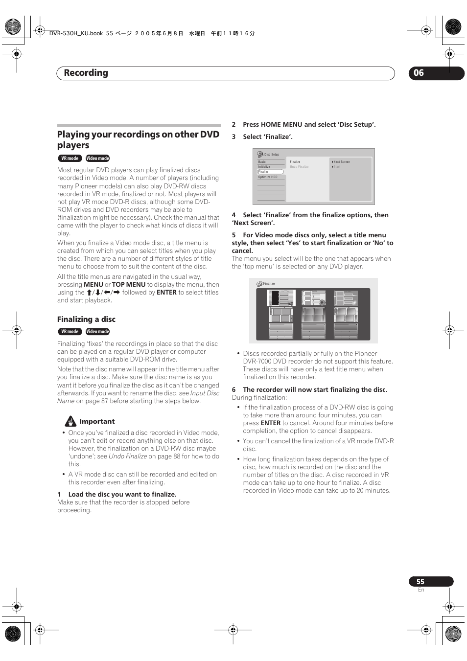 Playing your recordings on other dvd players, Recording 06, Finalizing a disc | Pioneer DVR-531H-S User Manual | Page 55 / 116