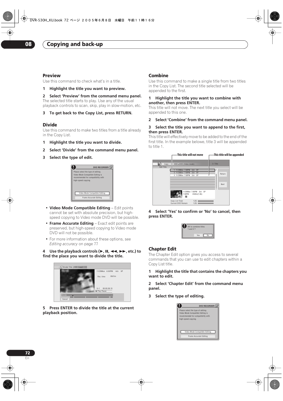 Copying and back-up 08, Preview, Divide | Combine, Chapter edit | Pioneer DVR-531H-S User Manual | Page 72 / 116