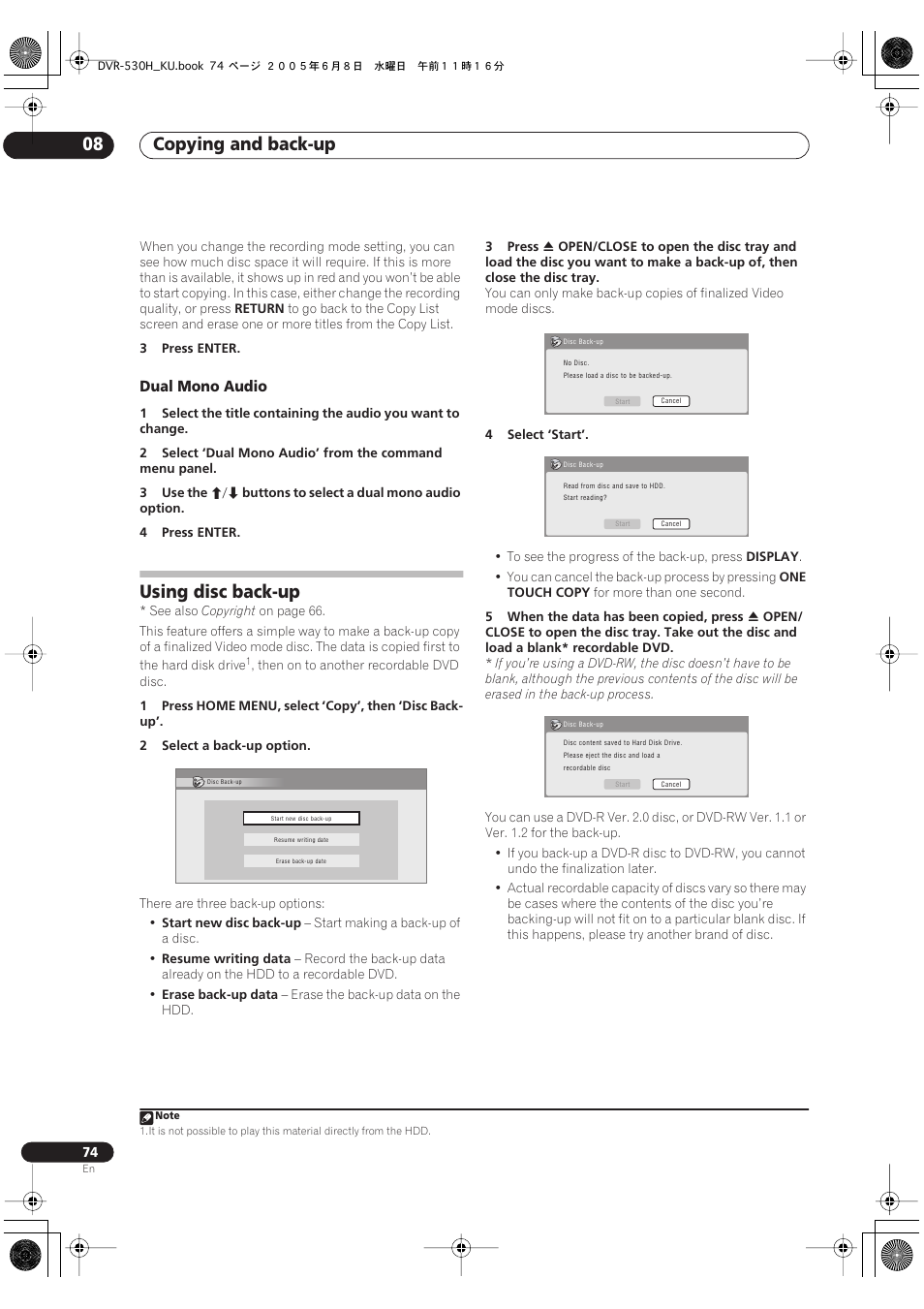 Using disc back-up, Copying and back-up 08, Dual mono audio | Pioneer DVR-531H-S User Manual | Page 74 / 116