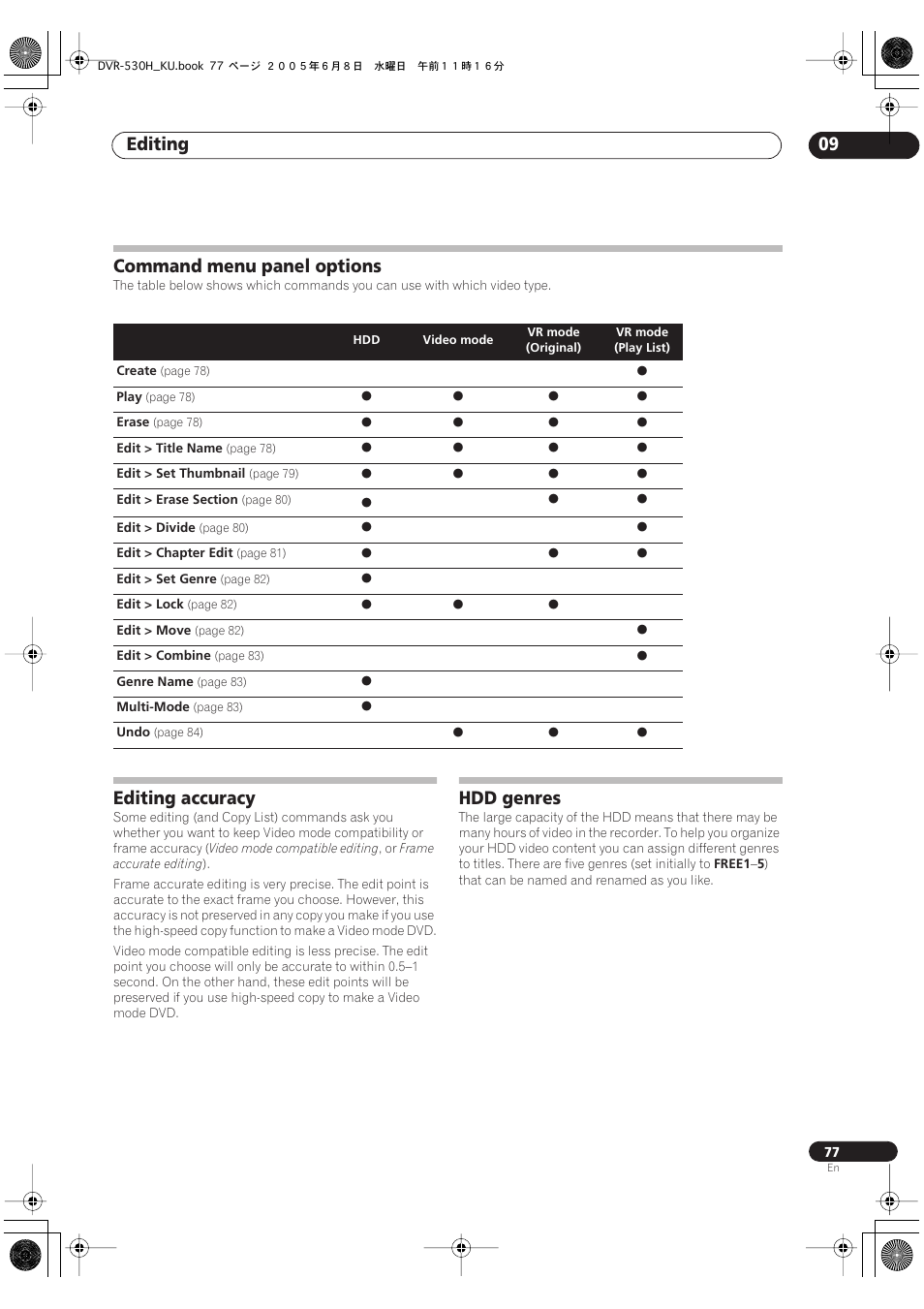 Command menu panel options, Editing accuracy, Hdd genres | Editing 09 | Pioneer DVR-531H-S User Manual | Page 77 / 116