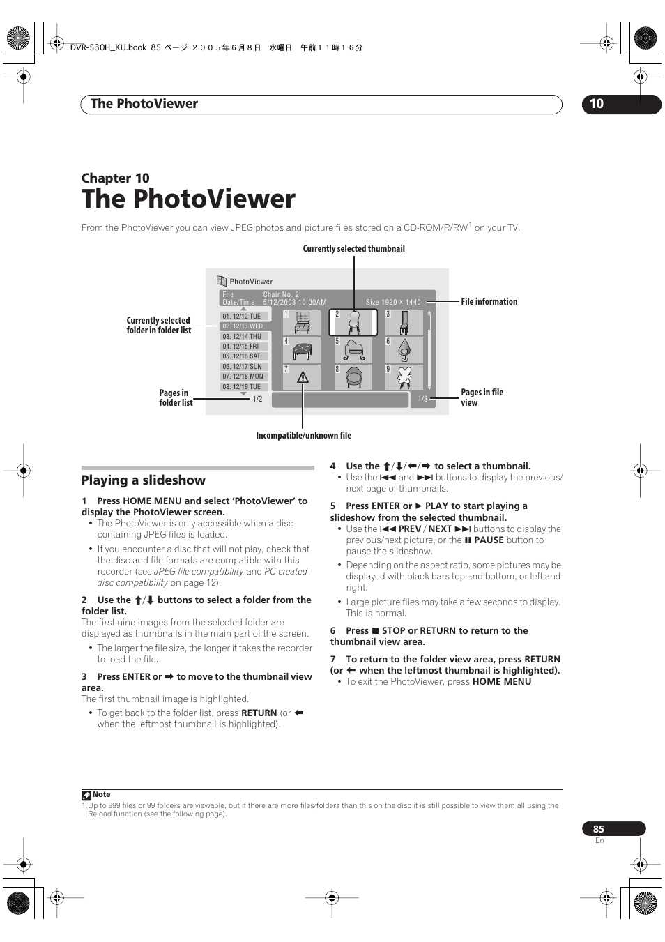 10 the photoviewer, Playing a slideshow, The photoviewer | The photoviewer 10, Chapter 10 | Pioneer DVR-531H-S User Manual | Page 85 / 116