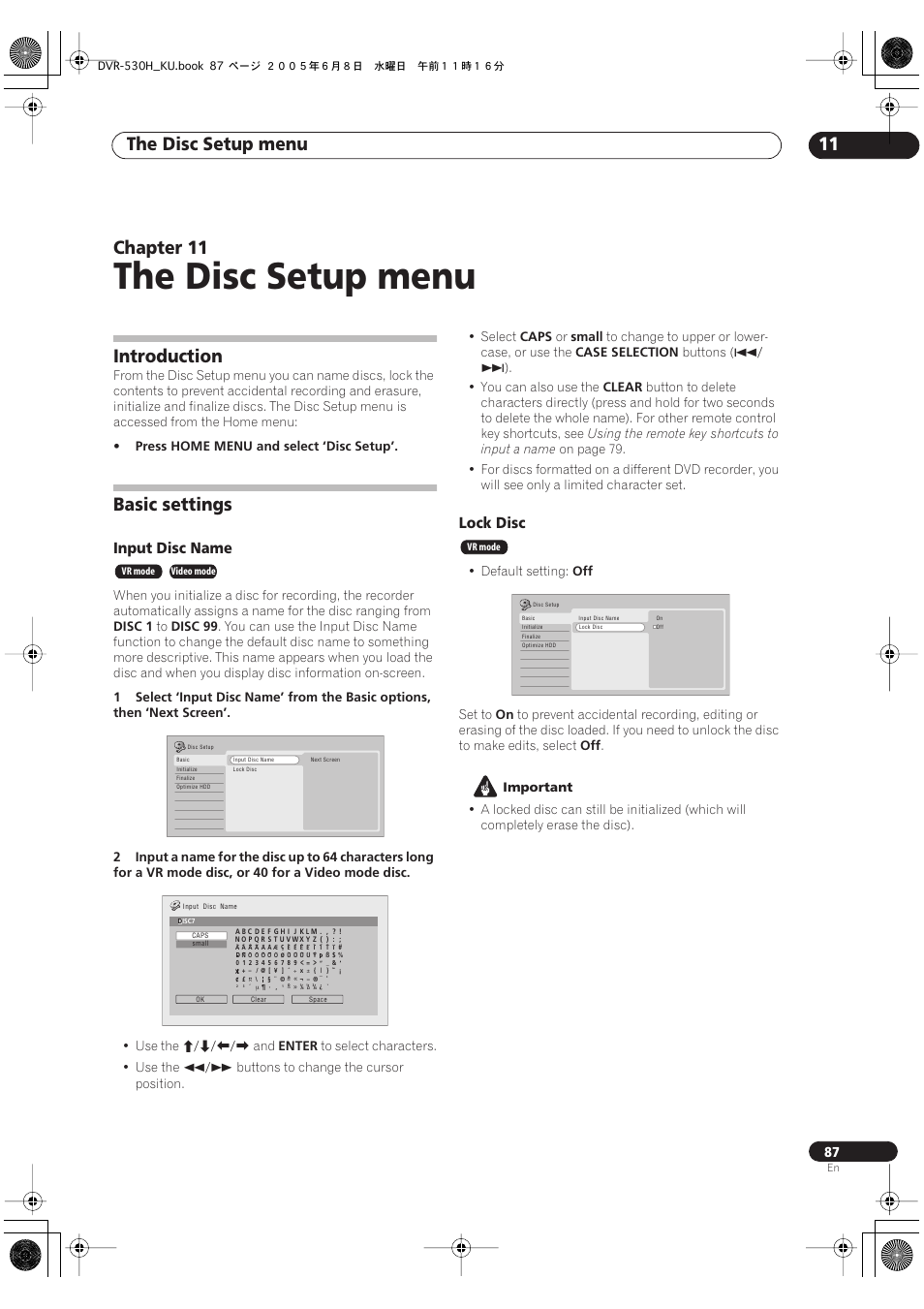 11 the disc setup menu, Introduction, Basic settings | The disc setup menu, The disc setup menu 11, Chapter 11, Input disc name, Lock disc | Pioneer DVR-531H-S User Manual | Page 87 / 116