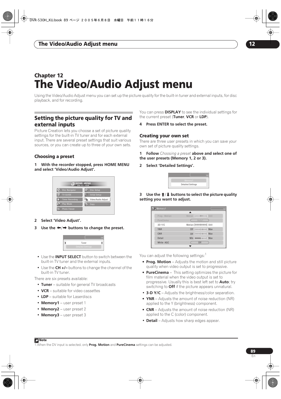 12 the video/audio adjust menu, The video/audio adjust menu, The video/audio adjust menu 12 | Chapter 12, Choosing a preset, Creating your own set | Pioneer DVR-531H-S User Manual | Page 89 / 116