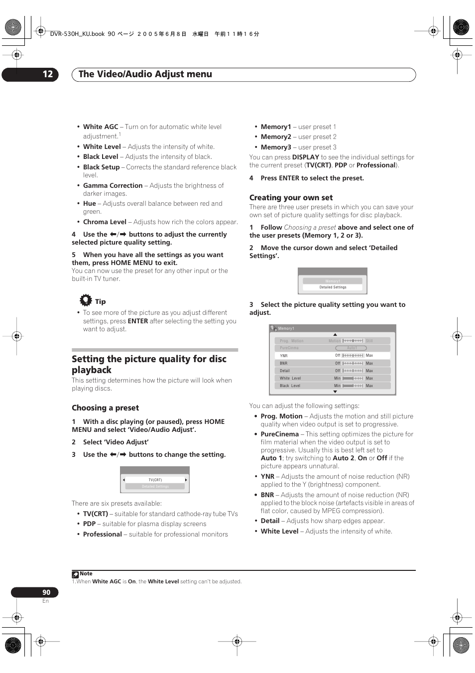 Setting the picture quality for disc playback, The video/audio adjust menu 12 | Pioneer DVR-531H-S User Manual | Page 90 / 116