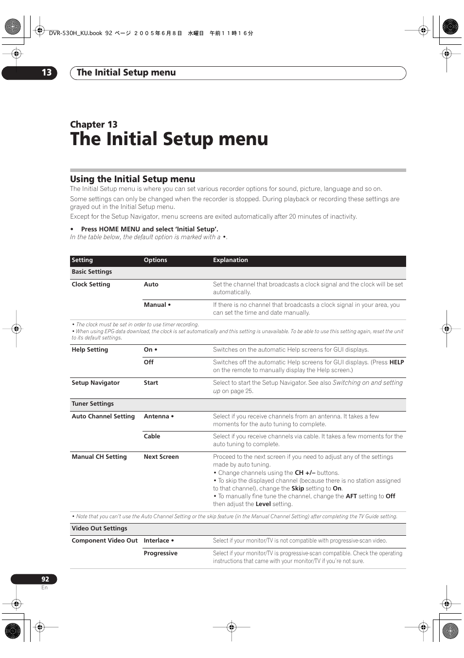 13 the initial setup menu, Using the initial setup menu, The initial setup menu | The initial setup menu 13, Chapter 13 | Pioneer DVR-531H-S User Manual | Page 92 / 116