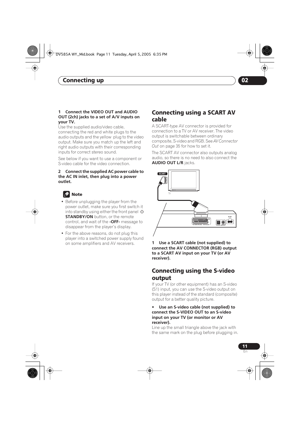 Connecting using a scart av cable, Connecting using the s-video output, Connecting up 02 | Pioneer DV-585A-s User Manual | Page 11 / 56