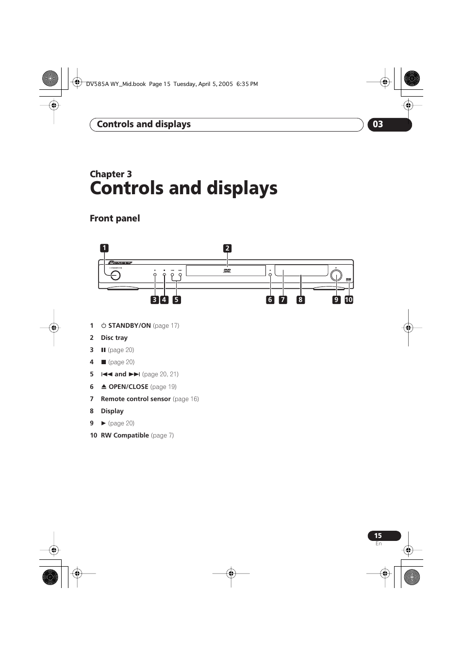 03 controls and displays, Front panel, Controls and displays | Controls and displays 03, Chapter 3 | Pioneer DV-585A-s User Manual | Page 15 / 56