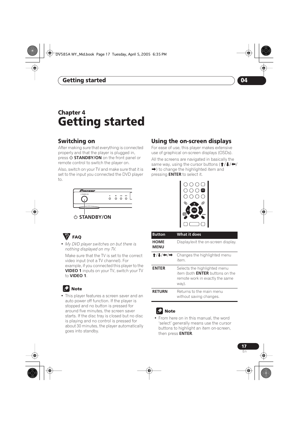 04 getting started, Switching on, Using the on-screen displays | Getting started, Getting started 04, Chapter 4 | Pioneer DV-585A-s User Manual | Page 17 / 56
