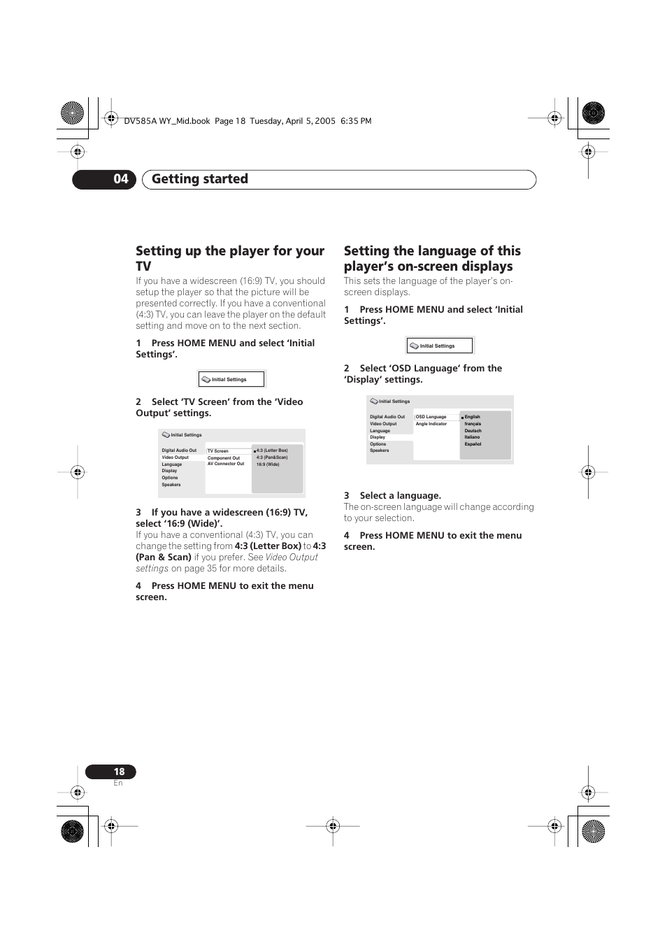 Setting up the player for your tv, Getting started 04 | Pioneer DV-585A-s User Manual | Page 18 / 56