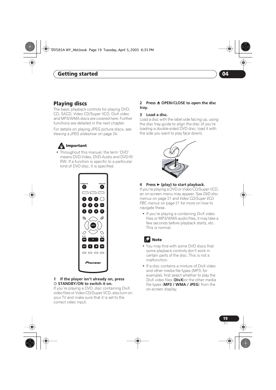 Playing discs, Getting started 04 | Pioneer DV-585A-s User Manual | Page 19 / 56