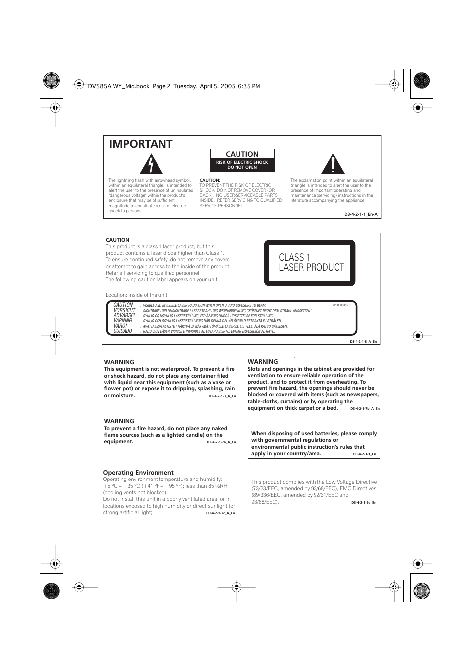 Important, Class 1 laser product, Caution | Pioneer DV-585A-s User Manual | Page 2 / 56