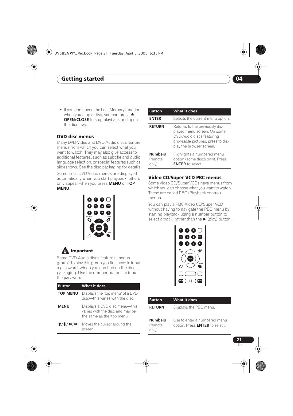 Getting started 04, Dvd disc menus, Video cd/super vcd pbc menus | Pioneer DV-585A-s User Manual | Page 21 / 56