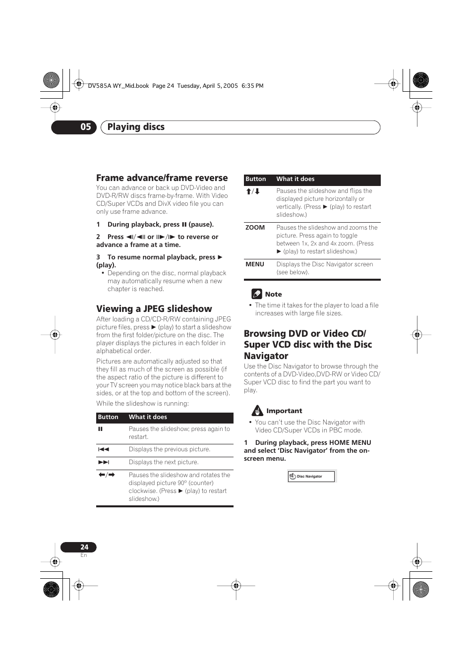 Frame advance/frame reverse, Viewing a jpeg slideshow, Playing discs 05 | Pioneer DV-585A-s User Manual | Page 24 / 56