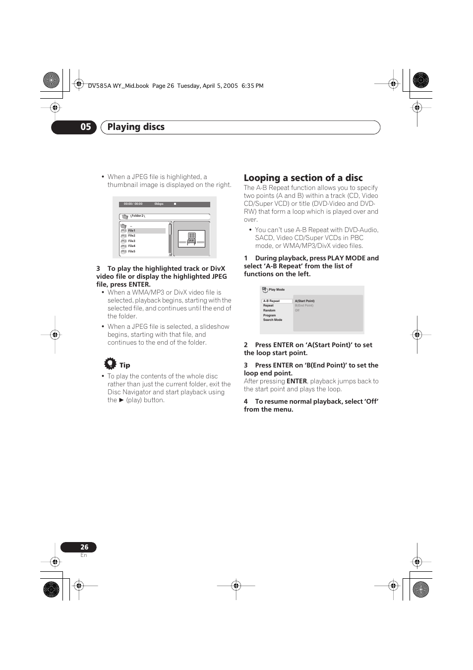 Looping a section of a disc, Playing discs 05 | Pioneer DV-585A-s User Manual | Page 26 / 56