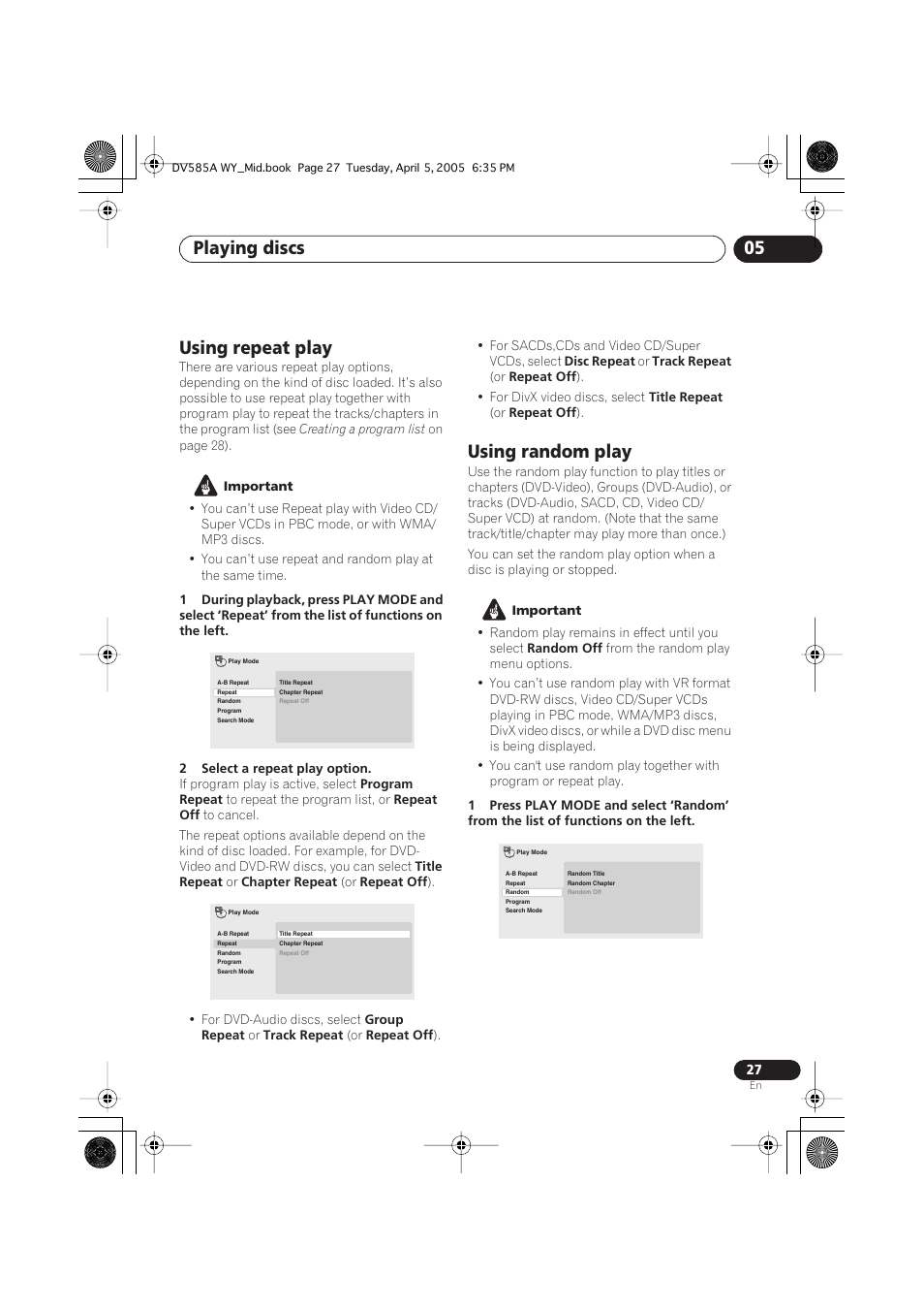Using repeat play, Using random play, Playing discs 05 | Pioneer DV-585A-s User Manual | Page 27 / 56