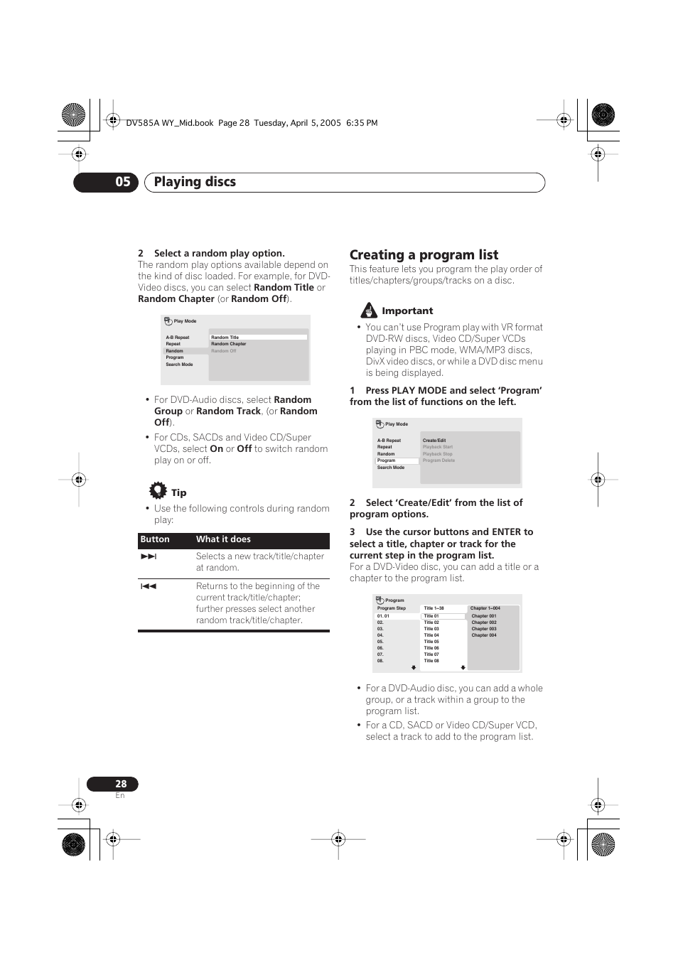 Creating a program list, Playing discs 05 | Pioneer DV-585A-s User Manual | Page 28 / 56