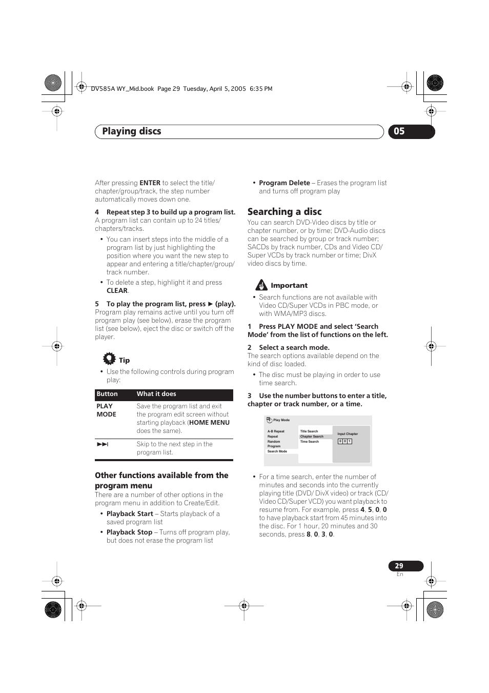 Searching a disc, Playing discs 05 | Pioneer DV-585A-s User Manual | Page 29 / 56