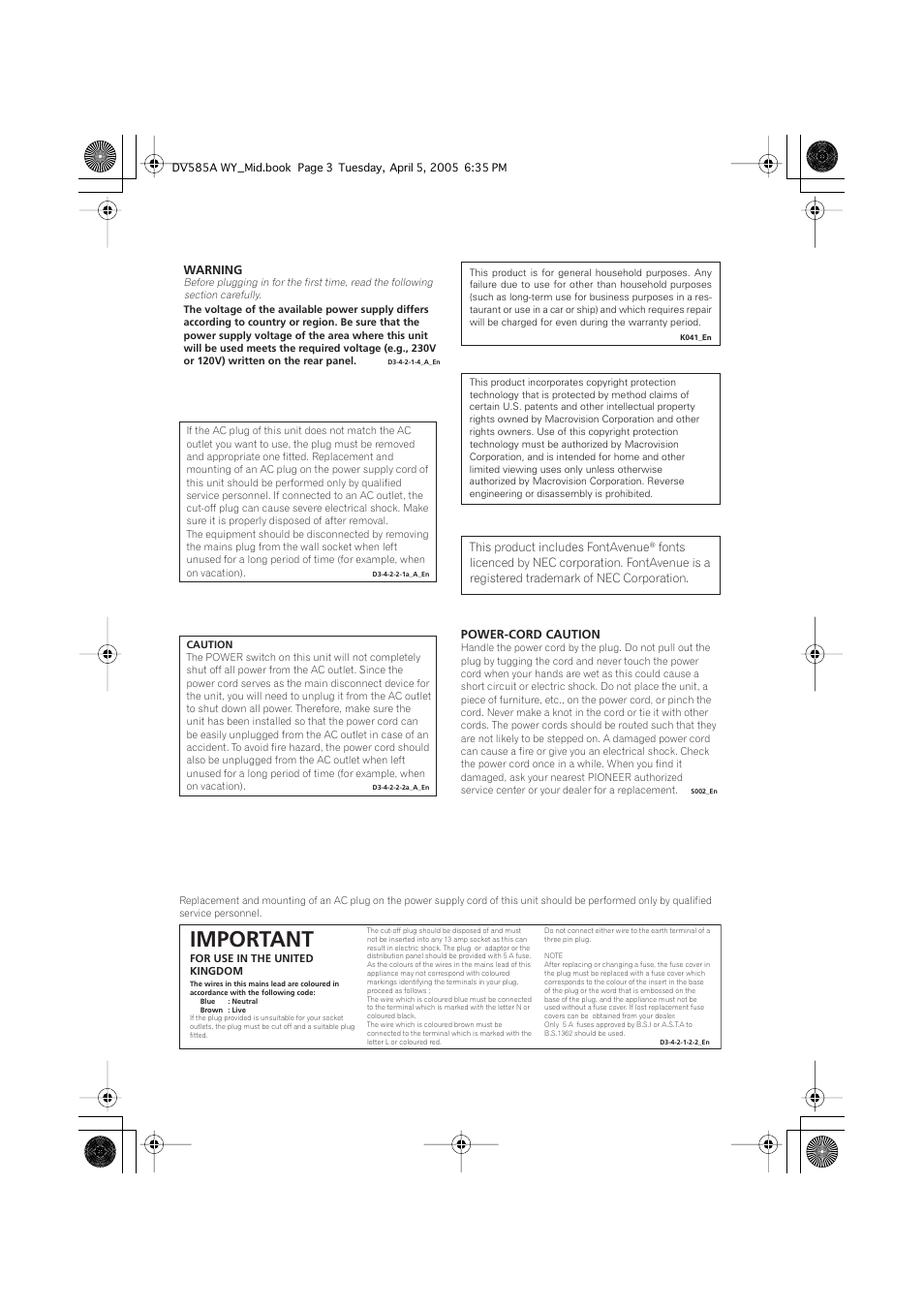 Important | Pioneer DV-585A-s User Manual | Page 3 / 56