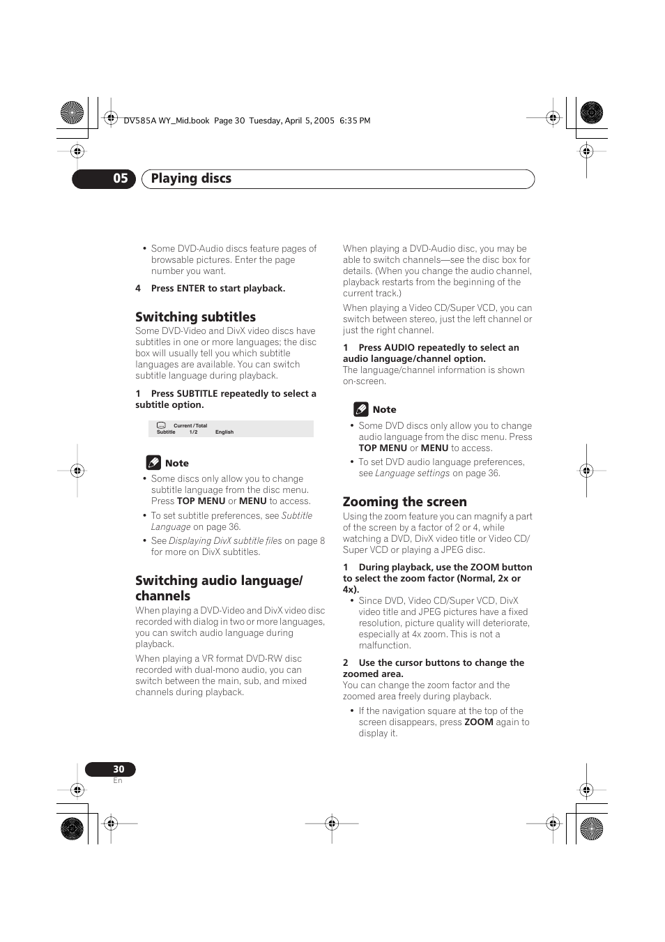 Switching subtitles, Switching audio language/channels, Zooming the screen | Playing discs 05, Switching audio language/ channels | Pioneer DV-585A-s User Manual | Page 30 / 56