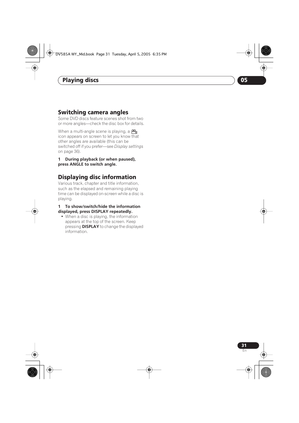 Switching camera angles, Displaying disc information, Playing discs 05 | Pioneer DV-585A-s User Manual | Page 31 / 56