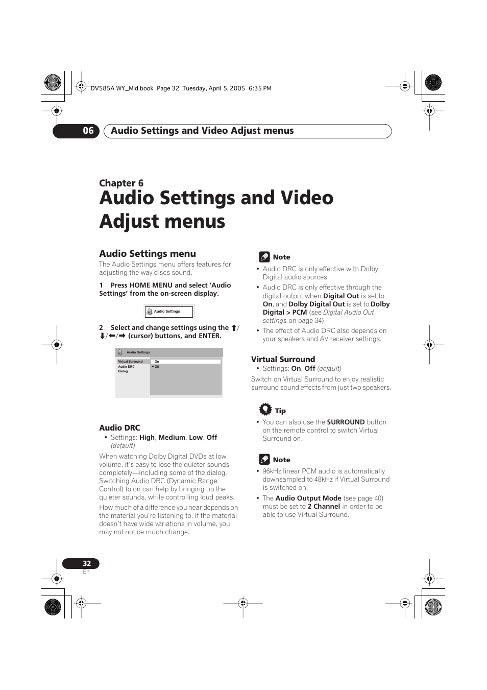 06 audio settings and video adjust menus, Audio settings menu, Audio settings and video adjust menus | Audio settings and video adjust menus 06, Chapter 6 | Pioneer DV-585A-s User Manual | Page 32 / 56