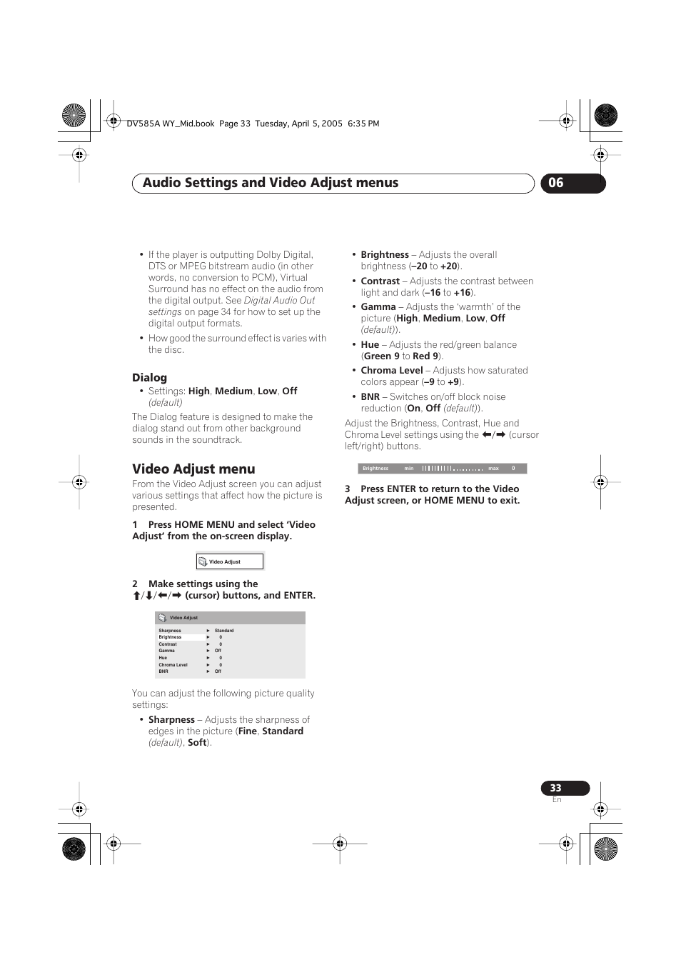 Video adjust menu, Audio settings and video adjust menus 06 | Pioneer DV-585A-s User Manual | Page 33 / 56