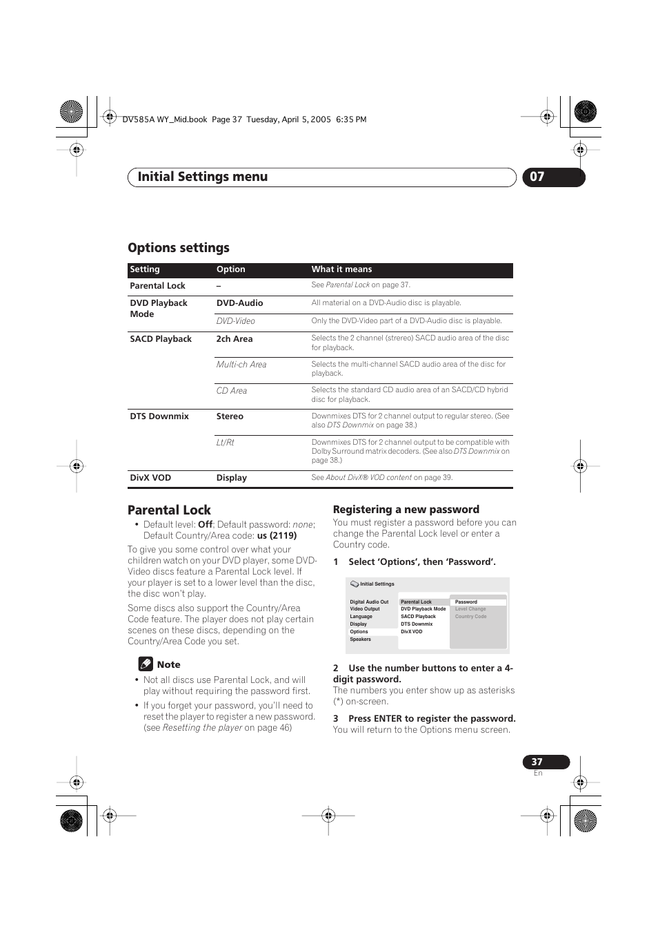 Options settings, Parental lock, Initial settings menu 07 | Options settings parental lock, Registering a new password | Pioneer DV-585A-s User Manual | Page 37 / 56