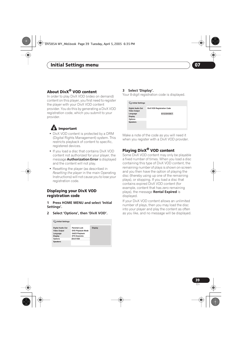 Initial settings menu 07, About divx, Vod content | Displaying your divx vod registration code, Playing divx | Pioneer DV-585A-s User Manual | Page 39 / 56