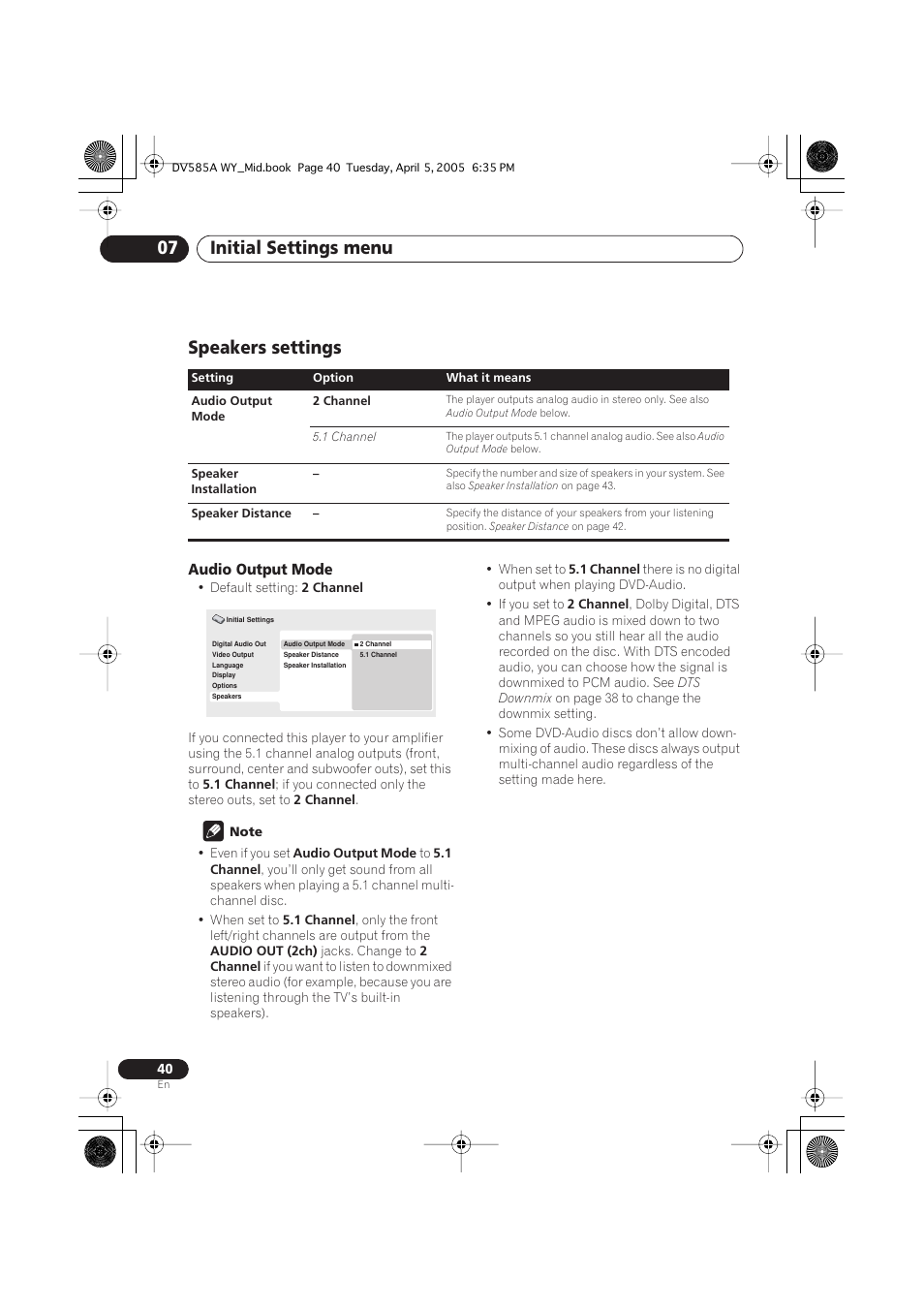 Speakers settings, Initial settings menu 07, Audio output mode | Pioneer DV-585A-s User Manual | Page 40 / 56