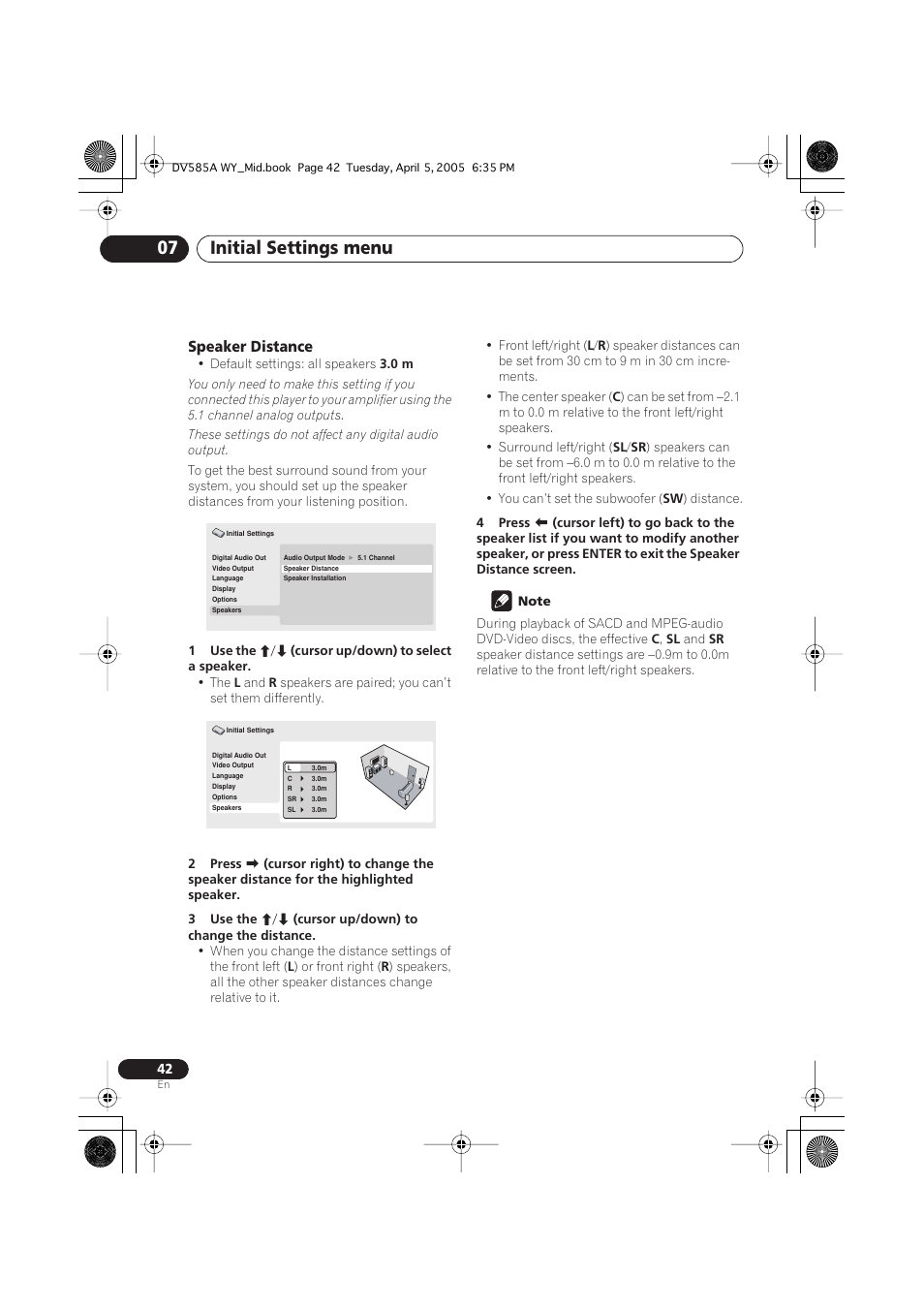 Initial settings menu 07, Speaker distance | Pioneer DV-585A-s User Manual | Page 42 / 56