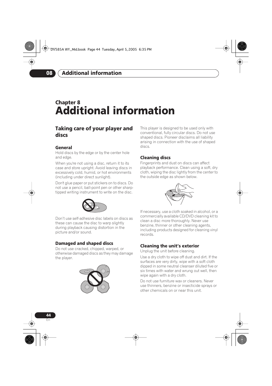 08 additional information, Taking care of your player and discs, Additional information | Pioneer DV-585A-s User Manual | Page 44 / 56