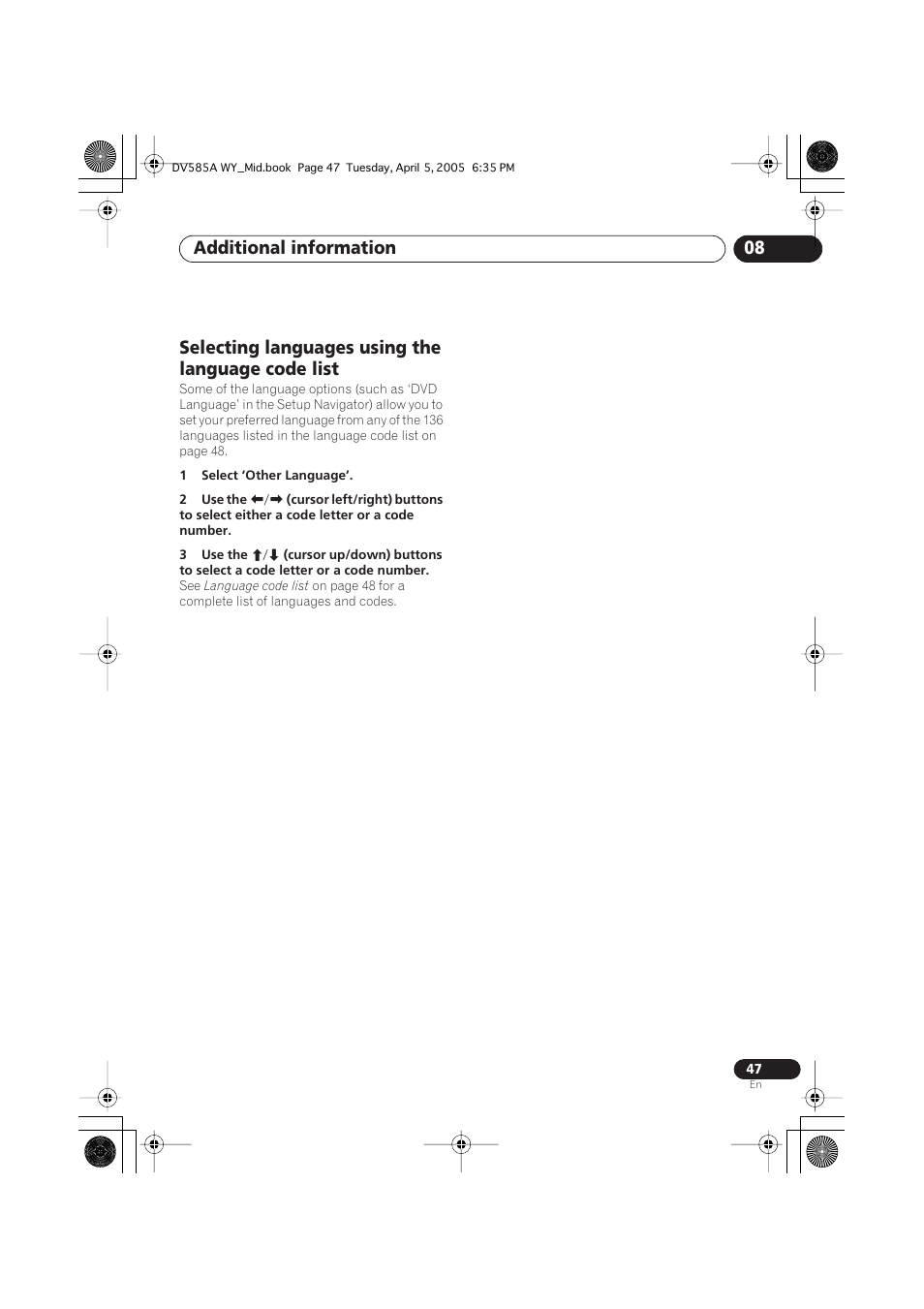 Selecting languages using the language code list, Additional information 08 | Pioneer DV-585A-s User Manual | Page 47 / 56