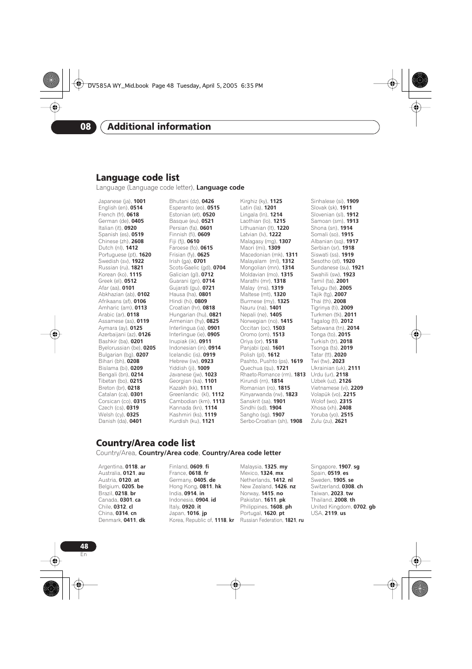 Language code list, Country/area code list, Additional information 08 | Pioneer DV-585A-s User Manual | Page 48 / 56