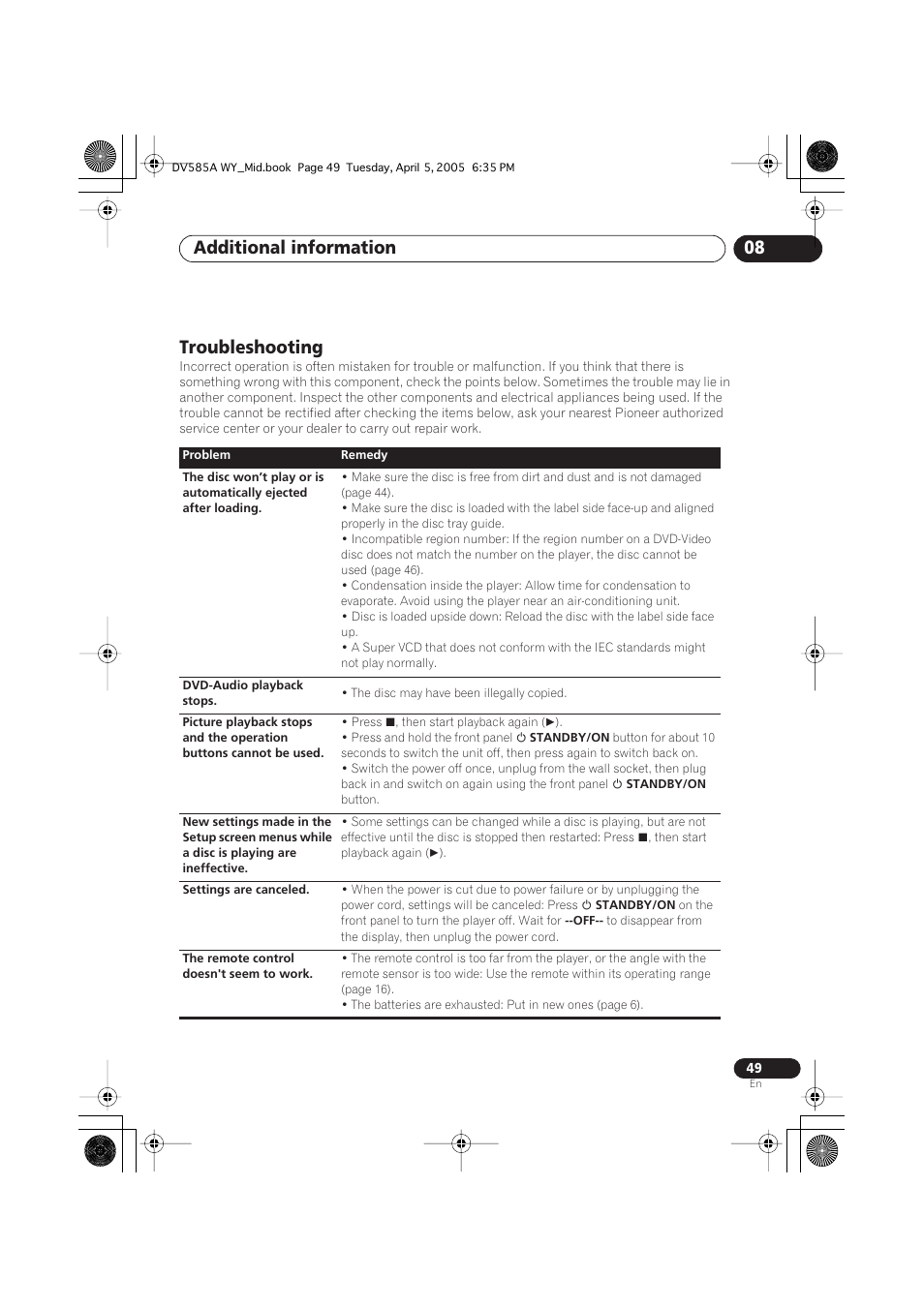 Troubleshooting, Additional information 08 | Pioneer DV-585A-s User Manual | Page 49 / 56