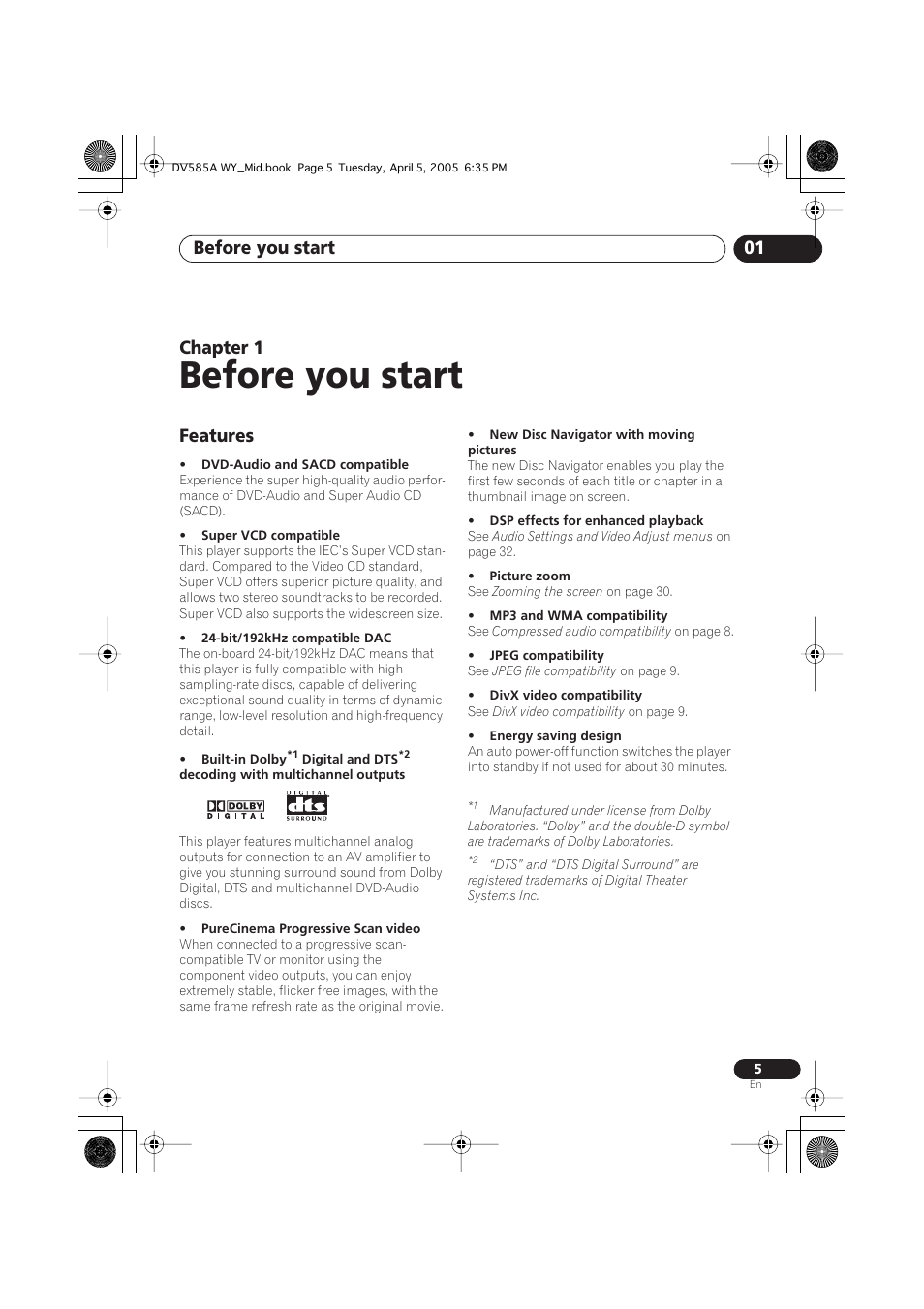 01 before you start, Features, Before you start | Before you start 01, Chapter 1 | Pioneer DV-585A-s User Manual | Page 5 / 56