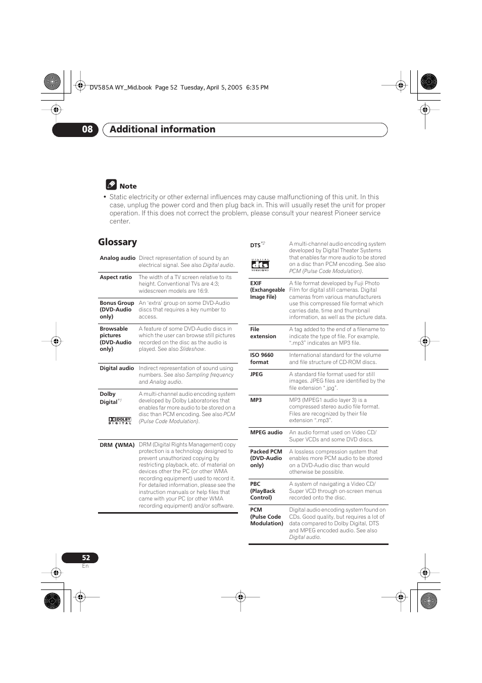 Glossary, Additional information 08 | Pioneer DV-585A-s User Manual | Page 52 / 56