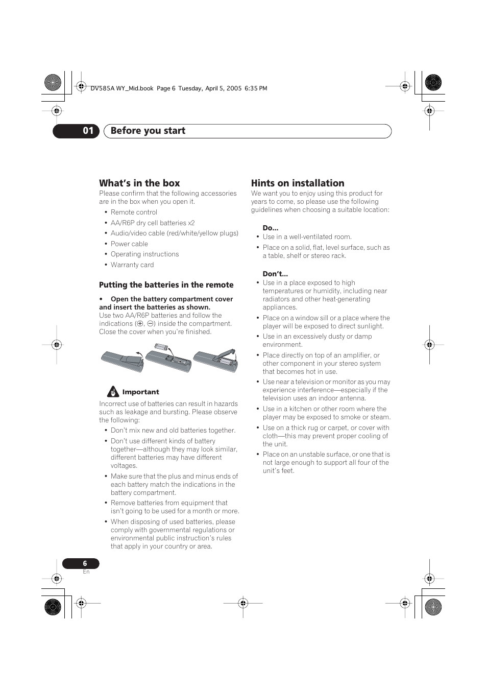 What’s in the box, Hints on installation, Before you start 01 | Pioneer DV-585A-s User Manual | Page 6 / 56