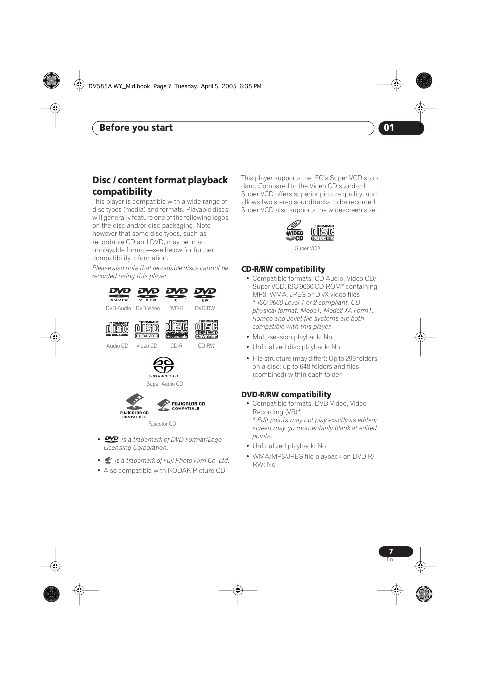 Disc / content format playback compatibility, Before you start 01 | Pioneer DV-585A-s User Manual | Page 7 / 56