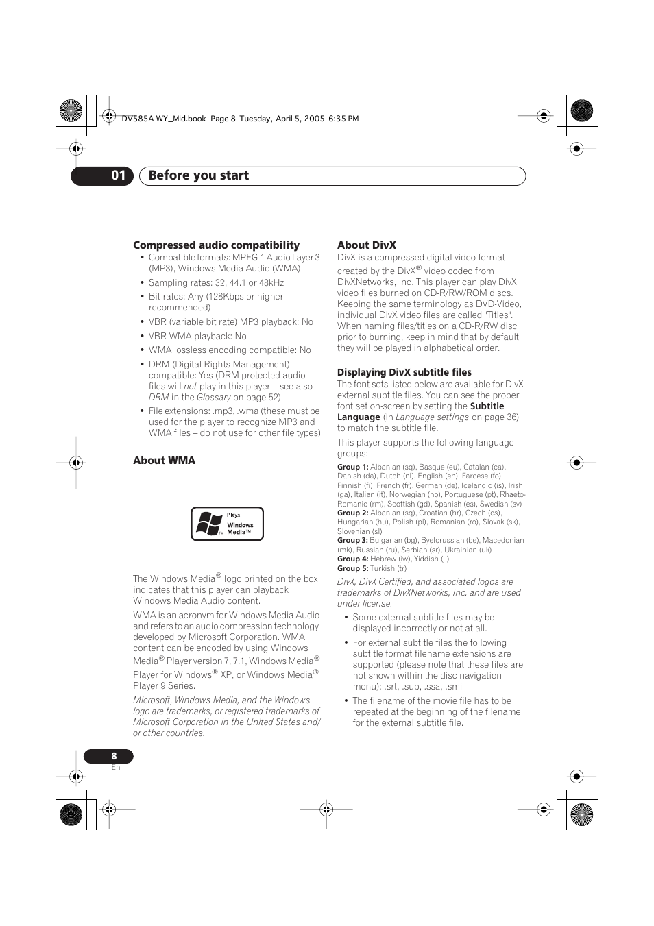 Before you start 01 | Pioneer DV-585A-s User Manual | Page 8 / 56