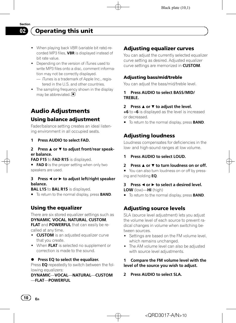 Audio adjustments, Using balance adjustment 10, Using the equalizer 10 | Adjusting equalizer curves 10, Adjusting loudness 10, Adjusting source levels 10, Operating this unit, Using balance adjustment, Using the equalizer, Adjusting equalizer curves | Pioneer Super Tuner III D DEH-1150MPG User Manual | Page 10 / 96