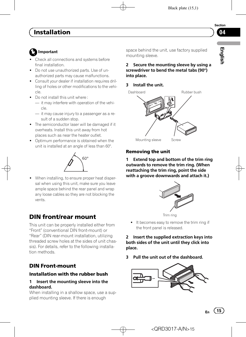 Installation din front/rear mount, Din front-mount 15, Din front/rear mount | Installation, Din front-mount | Pioneer Super Tuner III D DEH-1150MPG User Manual | Page 15 / 96