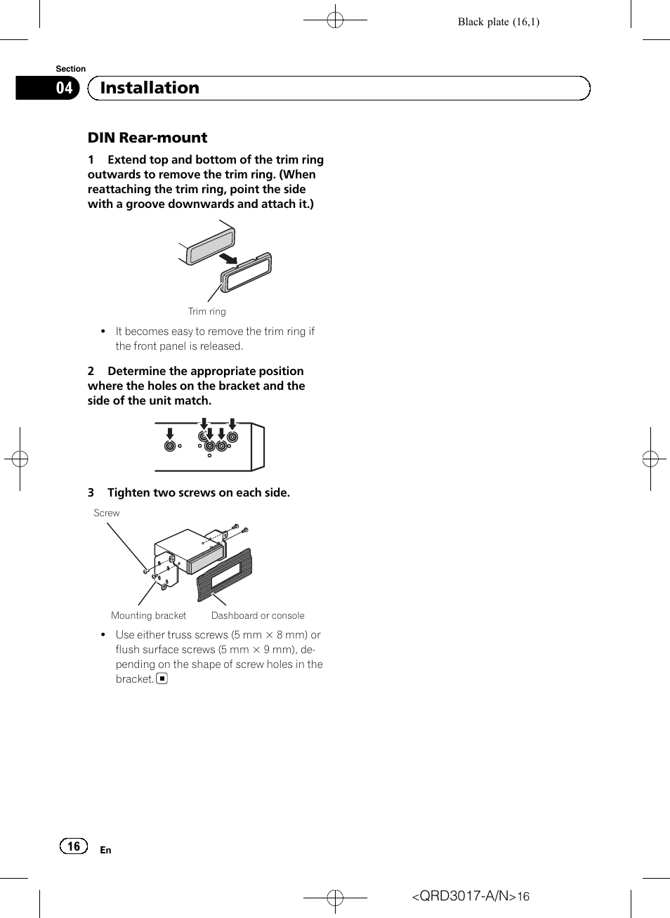 Din rear-mount 16, Installation, Din rear-mount | Pioneer Super Tuner III D DEH-1150MPG User Manual | Page 16 / 96